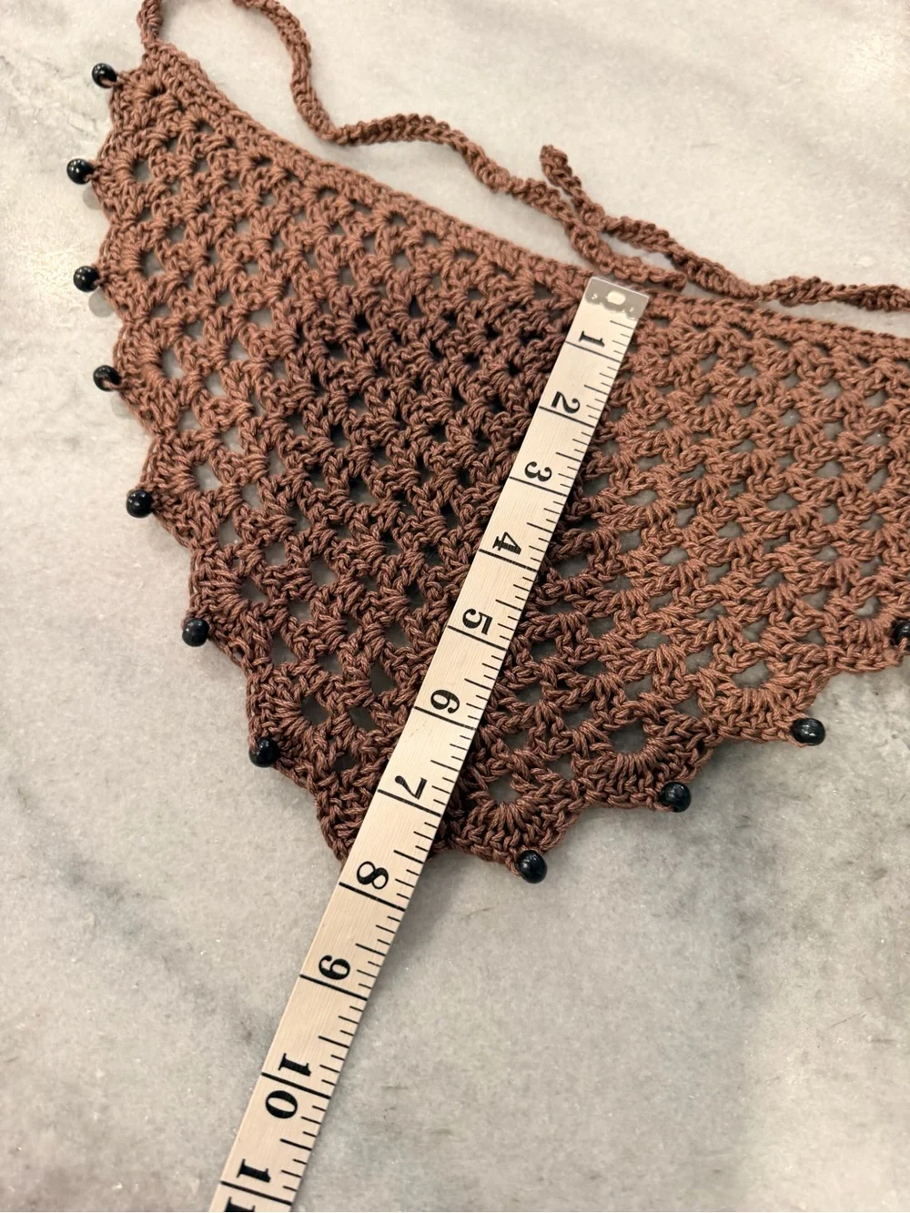 Handmade Crochet Wood Beaded Kerchief Head Scarf Cotton Boho Bandana Cottagecore